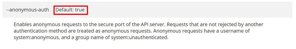Anonymous-auth flag is enabled in the default EKS cluster configuration.