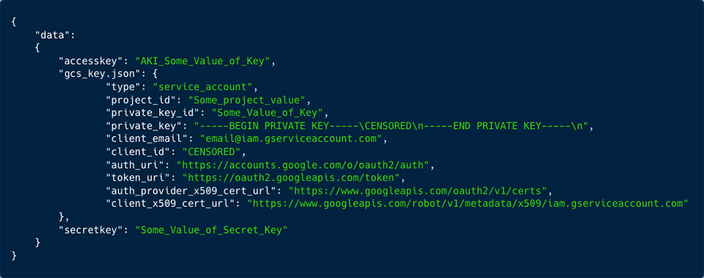 In the secrets API we found many exposed keys. In the screenshot you can see one of GCS, containing private and access keys