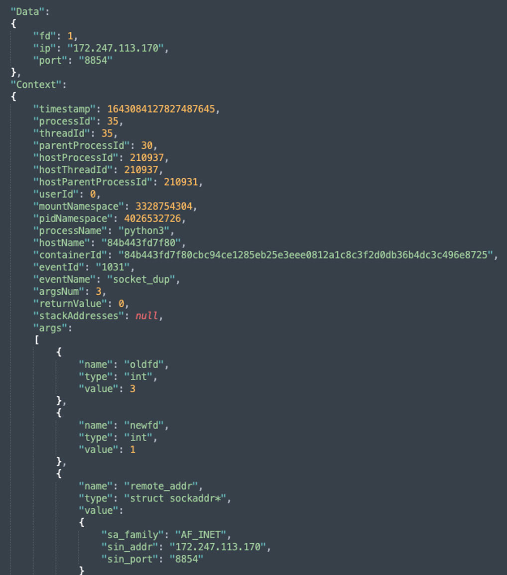 data collected as the process python3 initiated the event socket dup with IPv4 address 172.247.113.170 and port 8854.