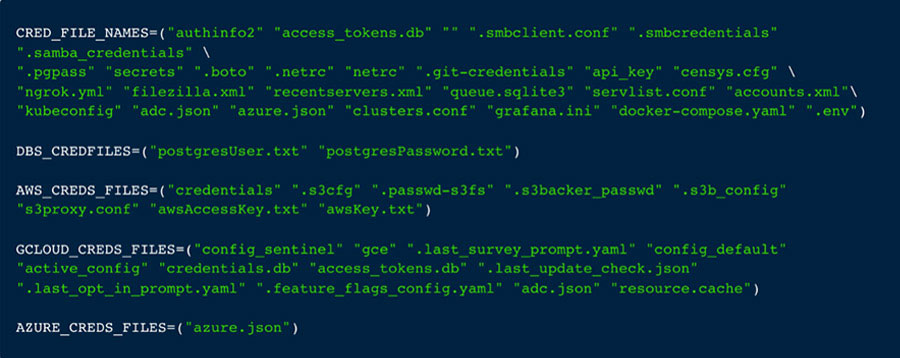 Some lists of credential files that TeamTNT is looking to extract from targeted hosts.