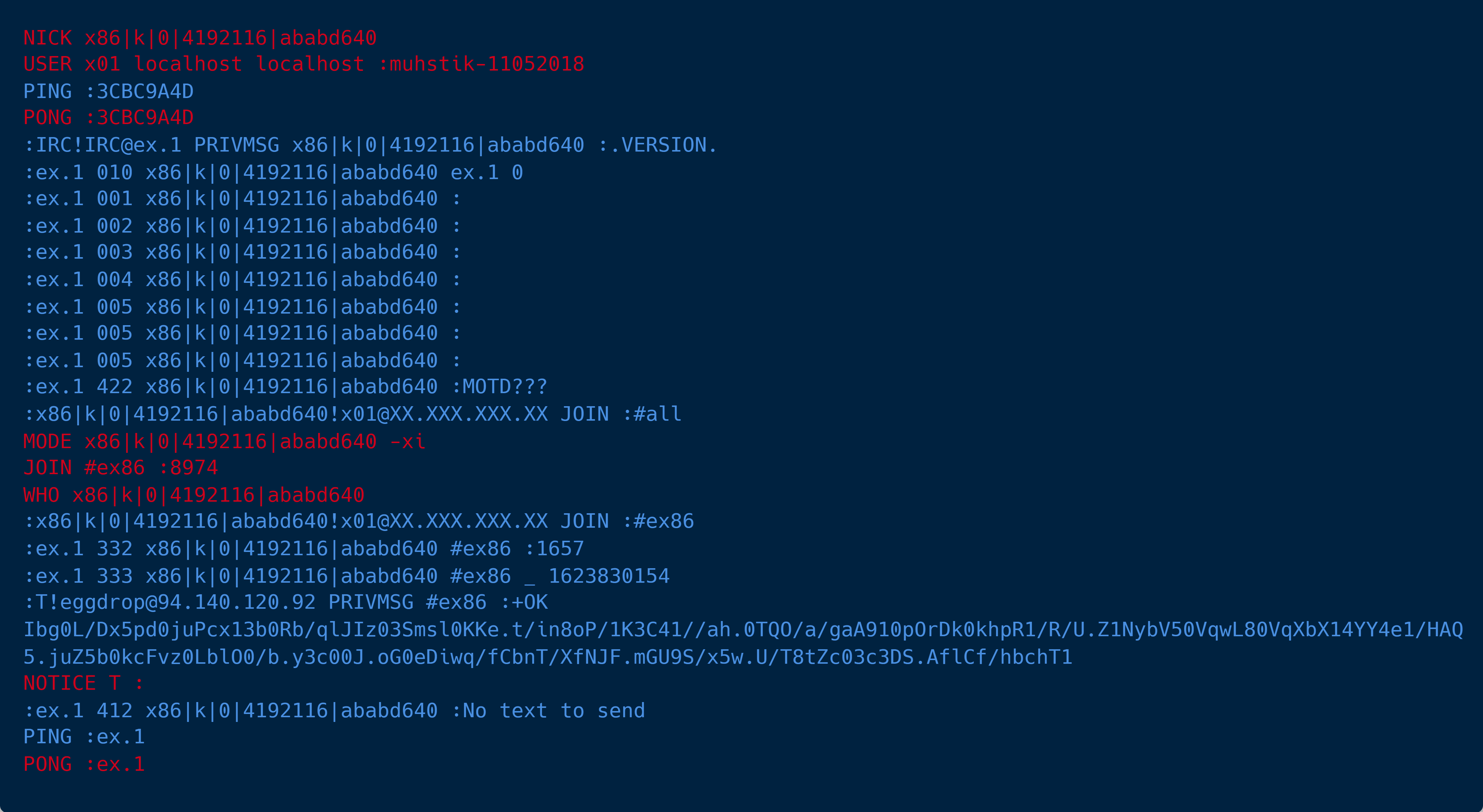 IRC session between the client and server